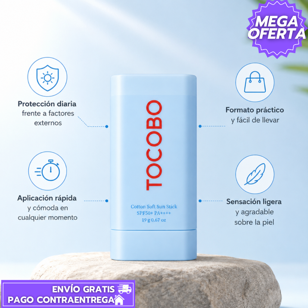 Oferta Especial 2x1 TOCOBO: Protector solar facial en barra con alta protección UV.