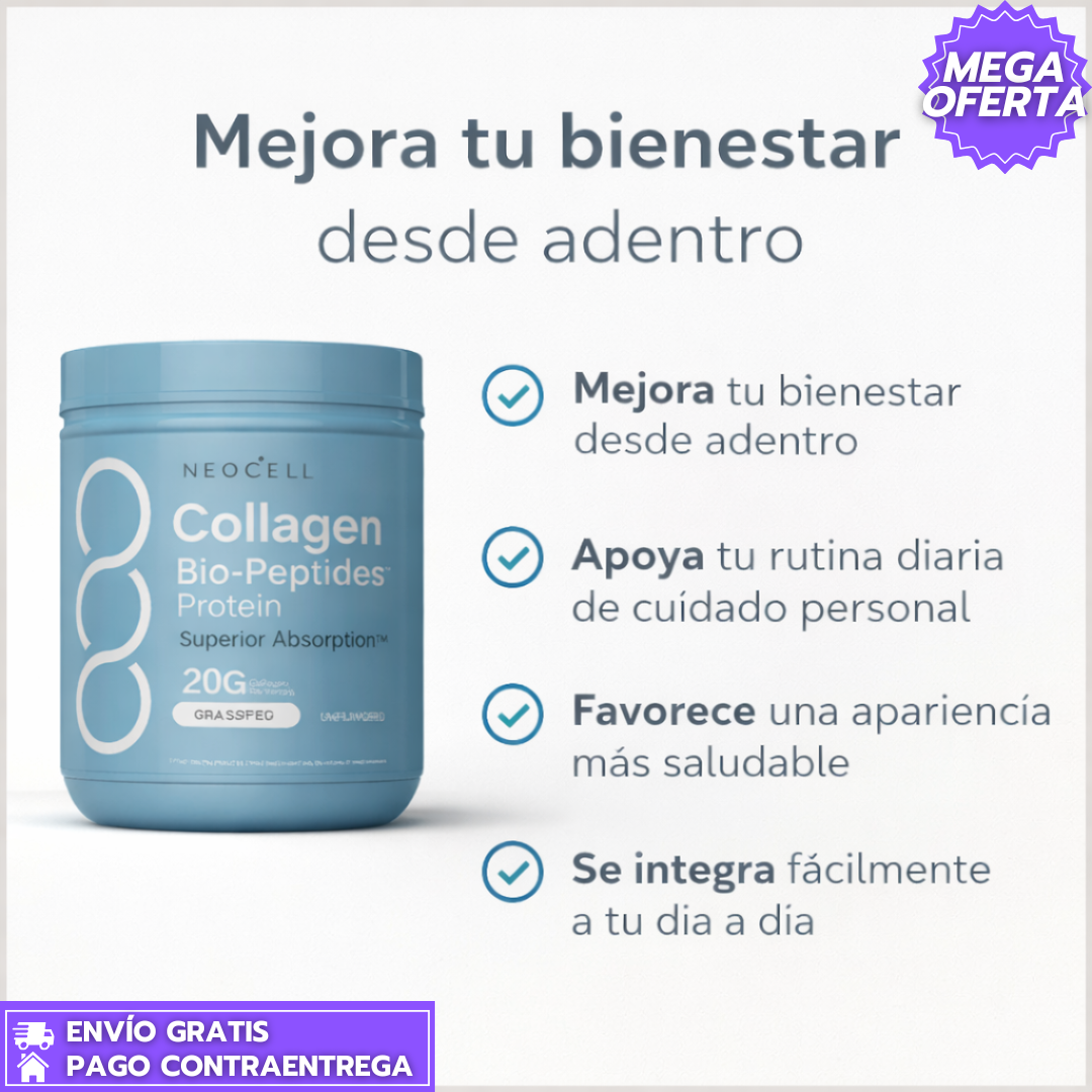 Collagen Bio-Peptides: Colágeno de alta absorción para piel, cabello, uñas y articulaciones.